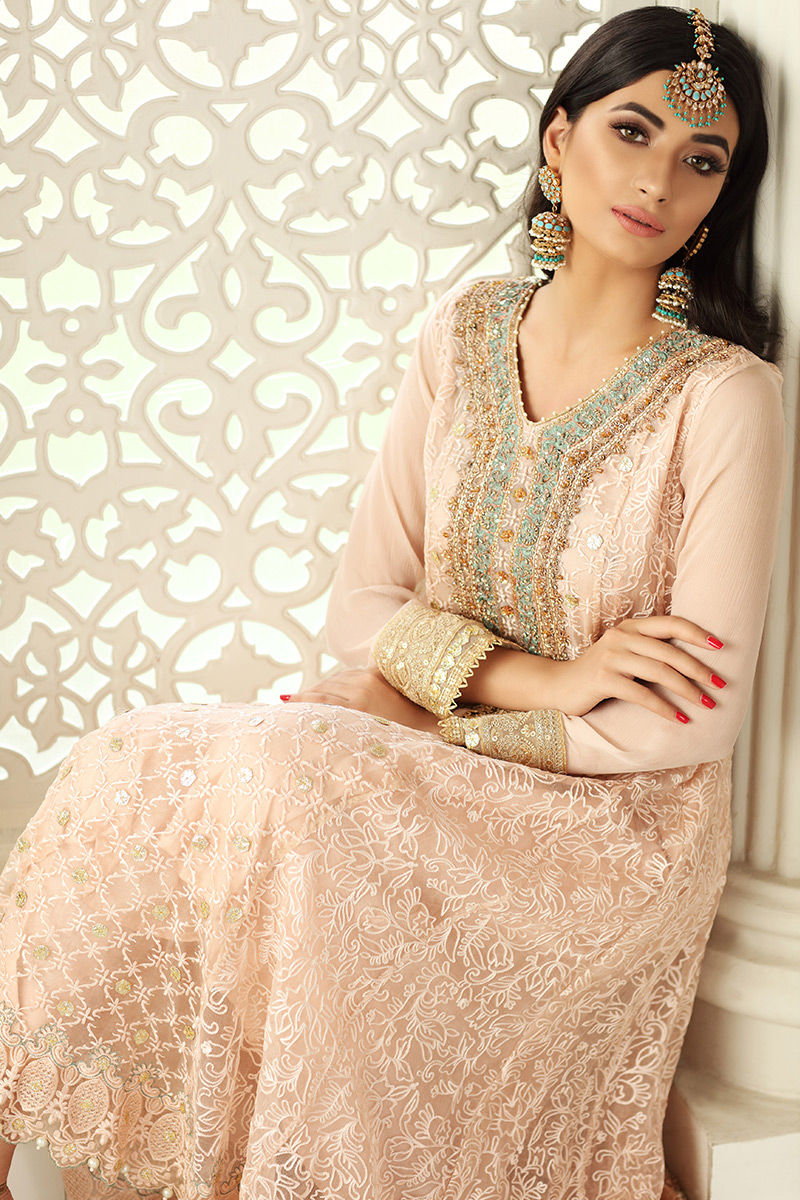 Pakistani Pale Blush Embroidered Chiffon Peshwas (2-Piece) - Image 2