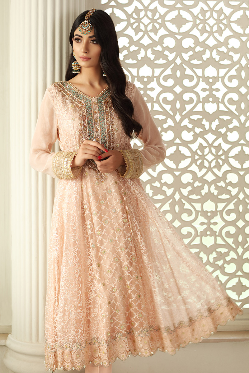 Pakistani Pale Blush Embroidered Chiffon Peshwas (2-Piece) - Image 4