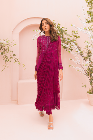 Magenta Embroidered Chiffon Pishwas (2-Piece) - Image 1