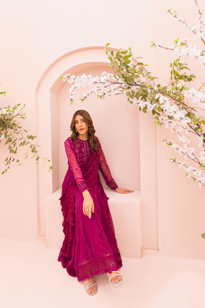 Magenta Embroidered Chiffon Pishwas (2-Piece) - Image 2