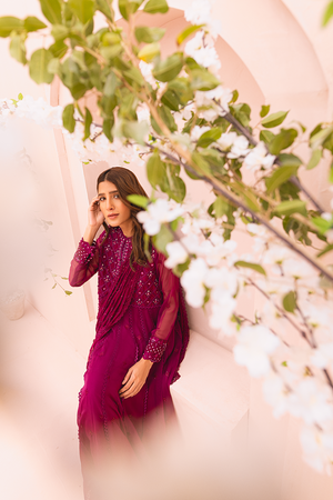 Magenta Embroidered Chiffon Pishwas (2-Piece) - Image 3