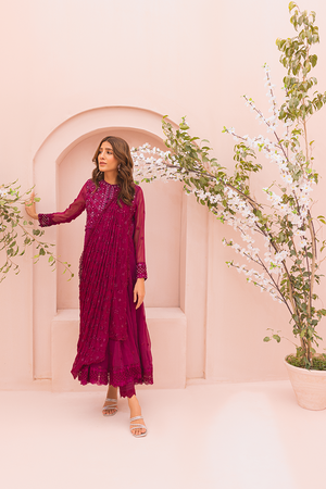 Magenta Embroidered Chiffon Pishwas (2-Piece) - Image 4