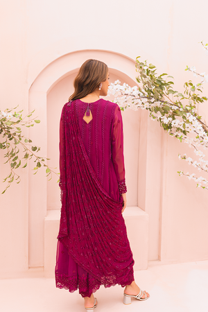 Magenta Embroidered Chiffon Pishwas (2-Piece) - Image 6