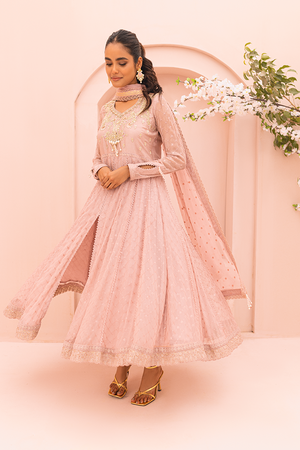 Tea Pink Embroidered Chiffon Pishwas (3-Piece) - Image 2