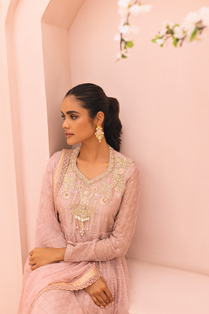 Tea Pink Embroidered Chiffon Pishwas (3-Piece) - Image 3