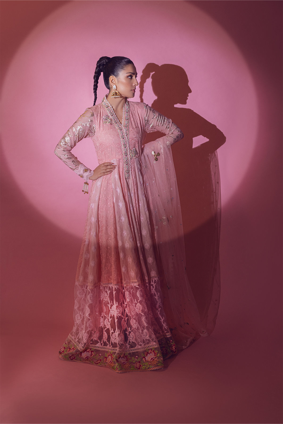 Pakistani Peach & Pink Chikankari Lorex Pishwas (3-Piece) - Image 1