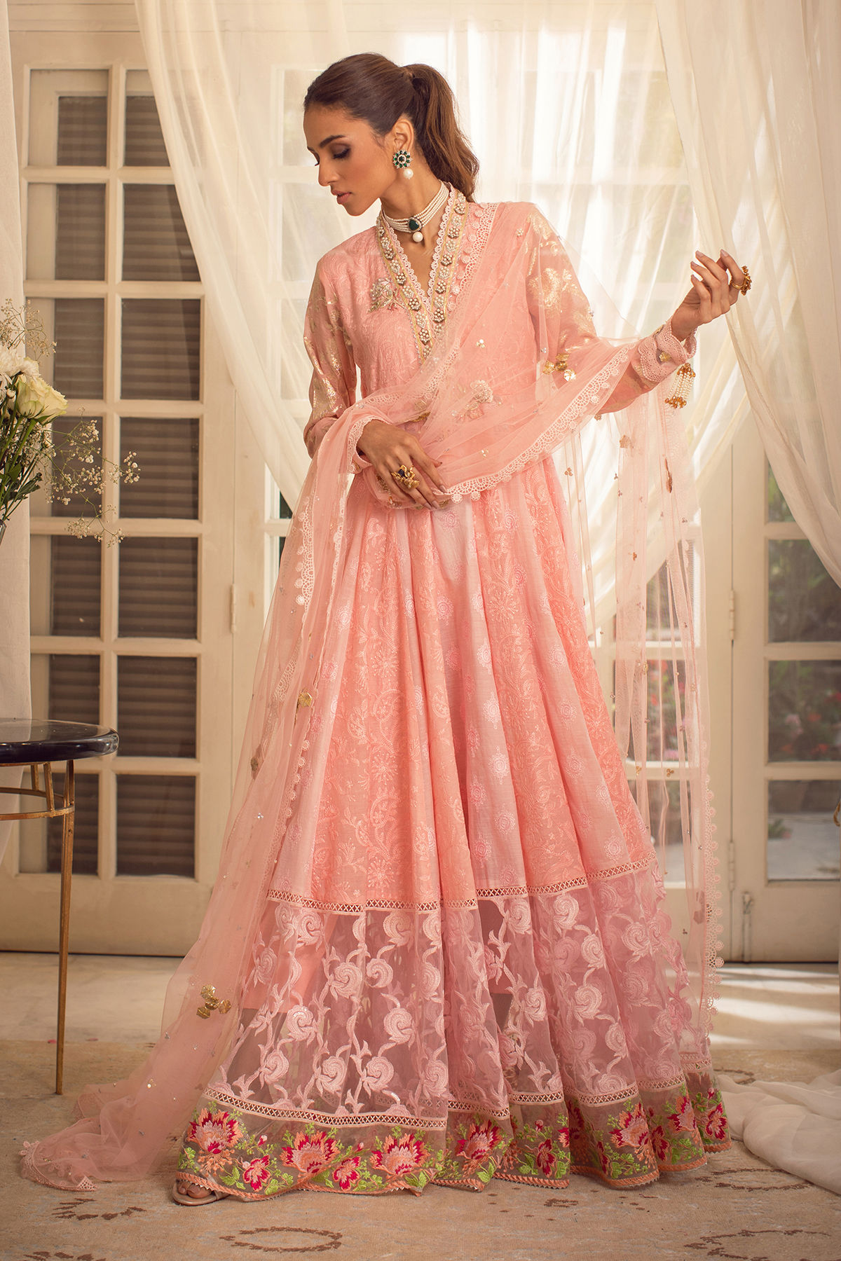 Peach Pink Chikankari Lorex Pishwas (3-Piece) - Image 1