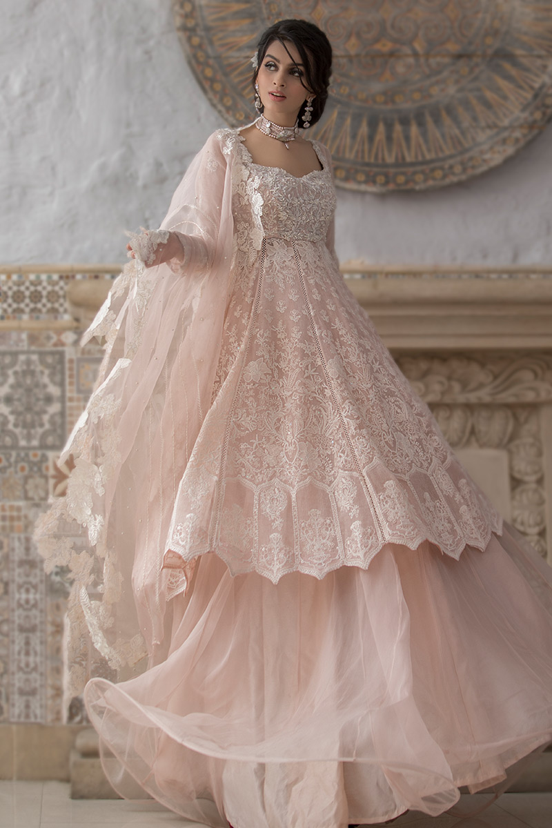 Pakistani Blush Pink Hand-Embroidered Cotton Net Pishwas (3-Piece) - Image 1