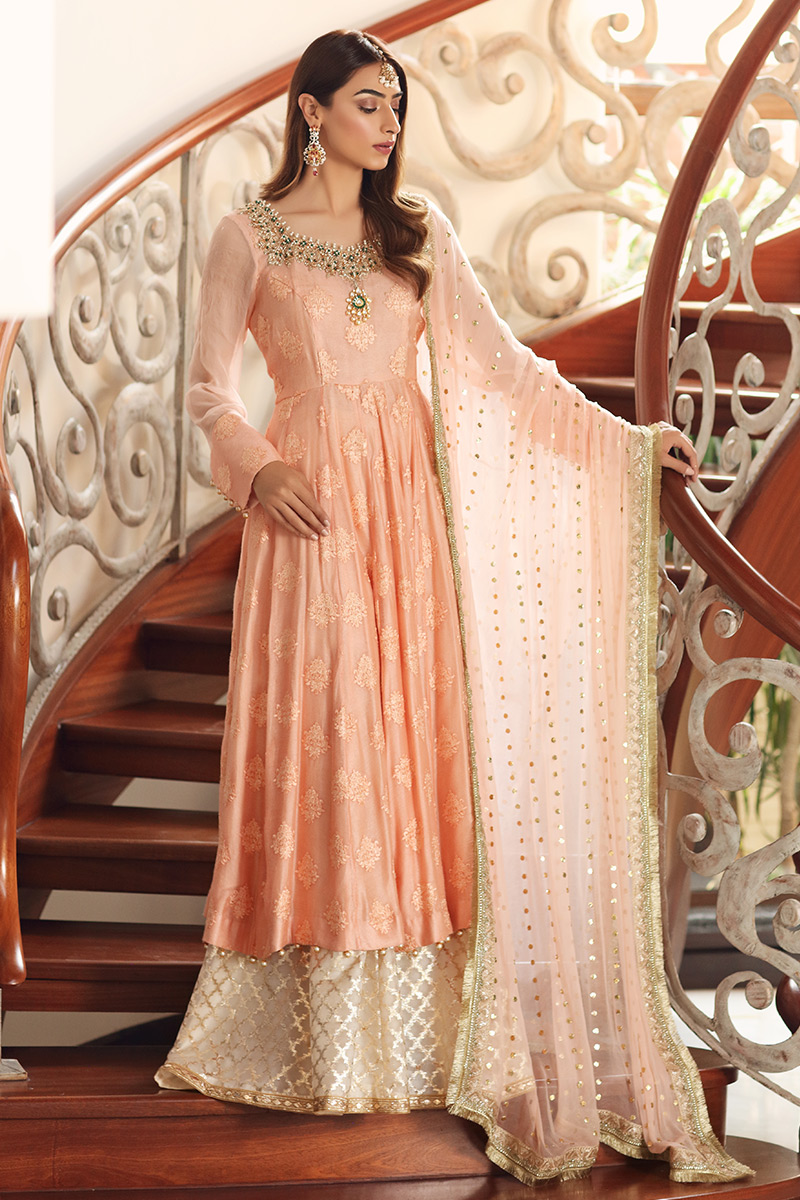 Peach Embroidered Cotton Net Pishwas (3-Piece) - Image 3