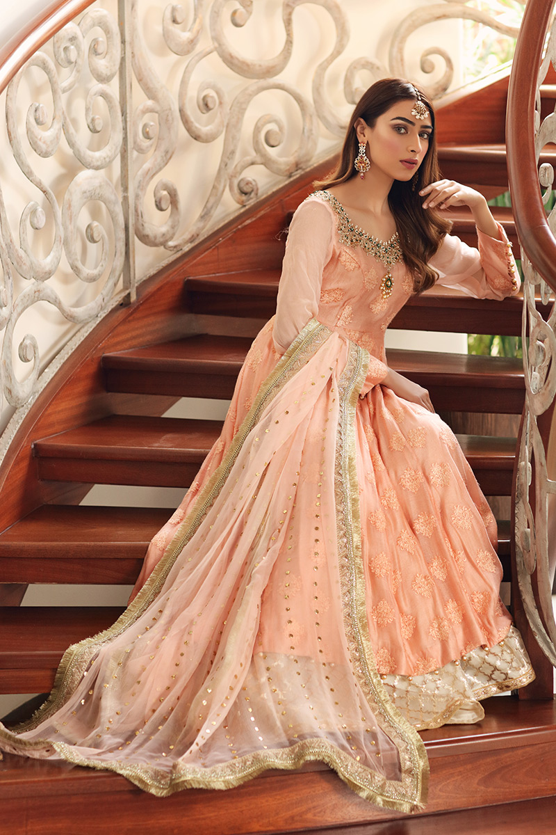 Peach Embroidered Cotton Net Pishwas (3-Piece) - Image 4