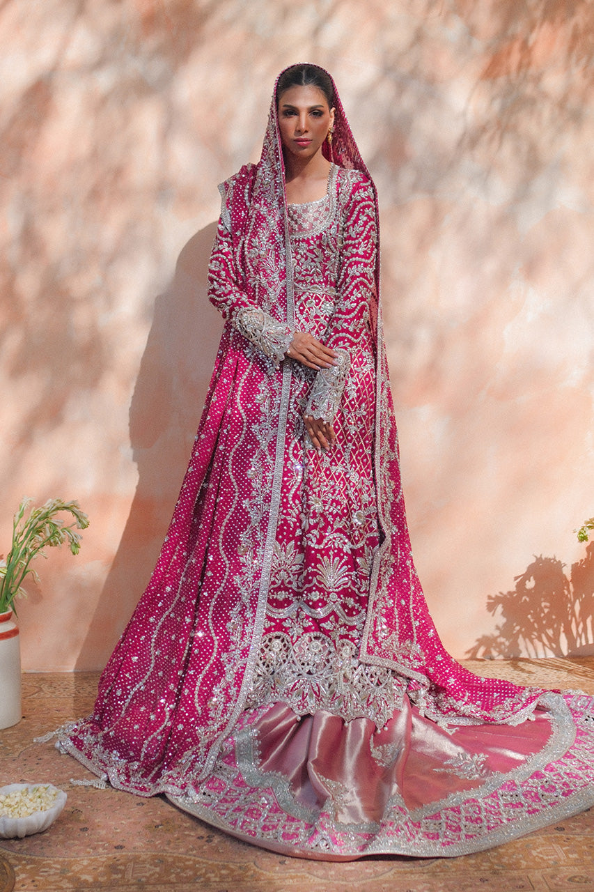 Pakistani Bright Pink Zardozi Cotton Net Pishwas Lehnga (3-Piece) - Image 1