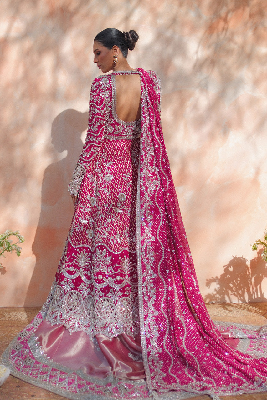 Pakistani Bright Pink Zardozi Cotton Net Pishwas Lehnga (3-Piece) - Image 2