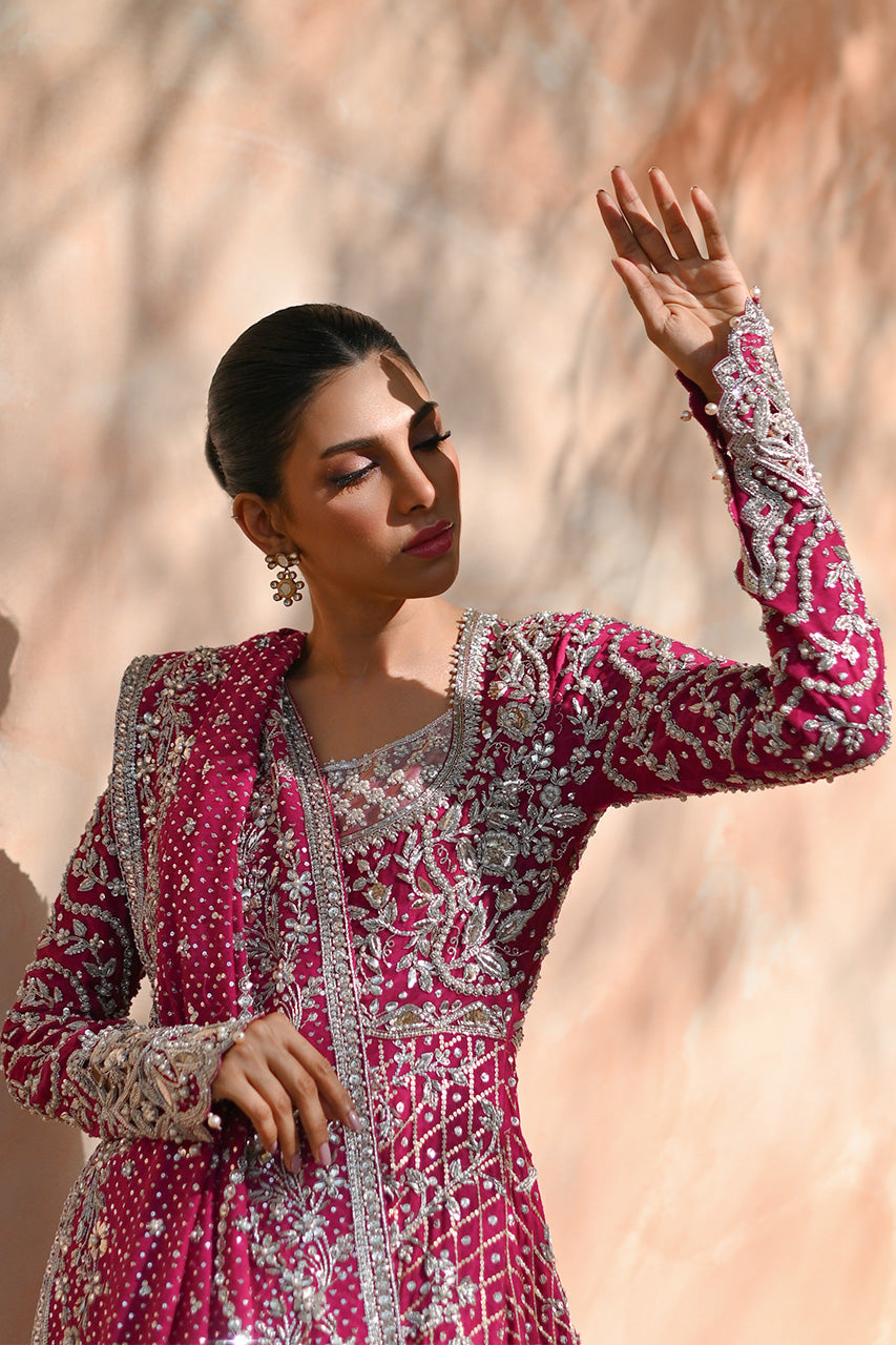 Pakistani Bright Pink Zardozi Cotton Net Pishwas Lehnga (3-Piece) - Image 4