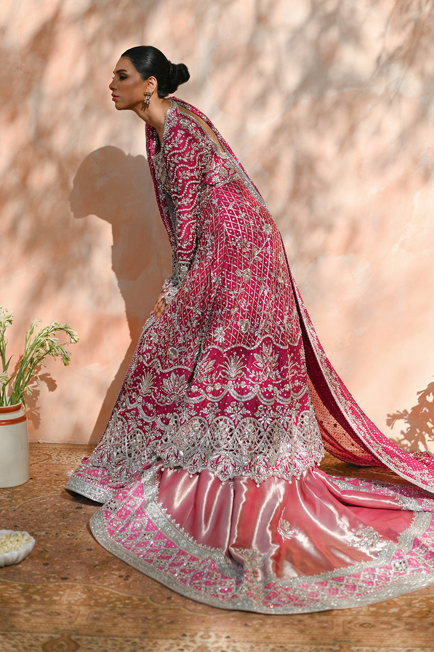 Pakistani Bright Pink Zardozi Cotton Net Pishwas Lehnga (3-Piece) - Image 5