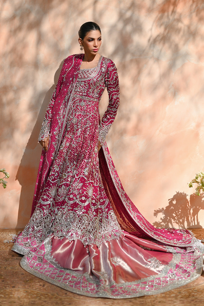 Pakistani Bright Pink Zardozi Cotton Net Pishwas Lehnga (3-Piece) - Image 6