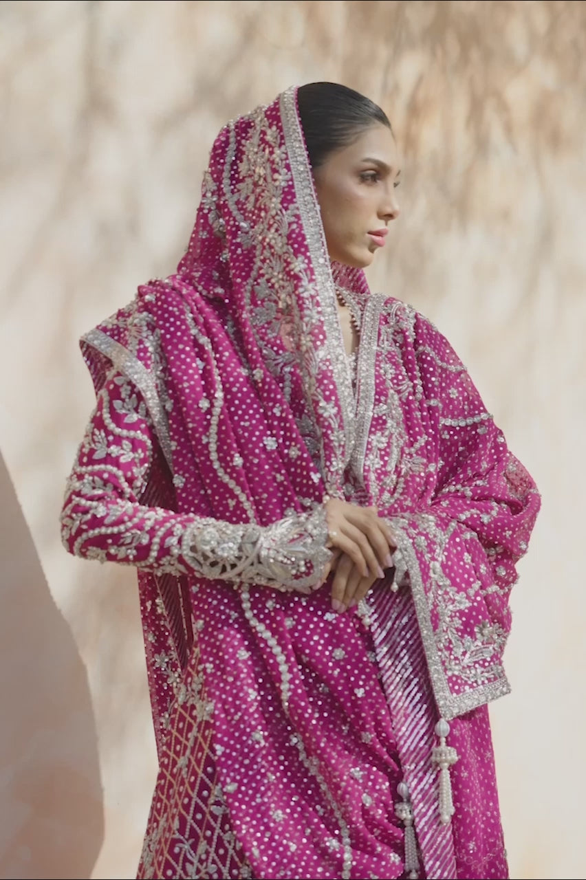 Pakistani Bright Pink Zardozi Cotton Net Pishwas Lehnga (3-Piece) - Image 8