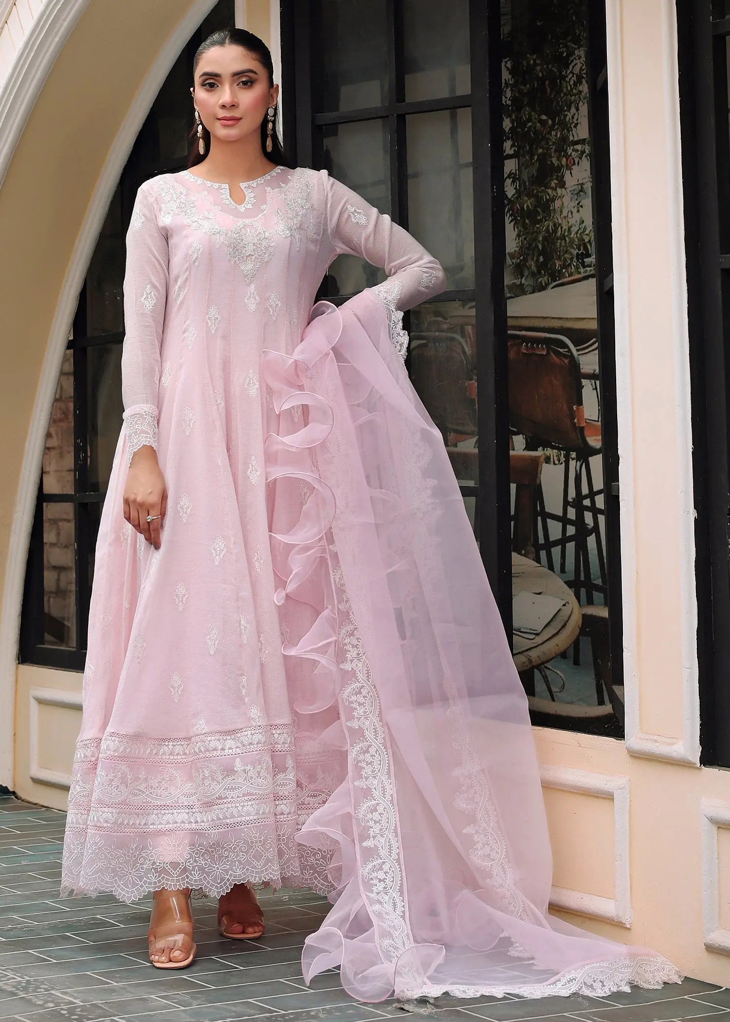 Powder Pink Embroidered Cotton Net Pishwas (3-Piece) - Image 1