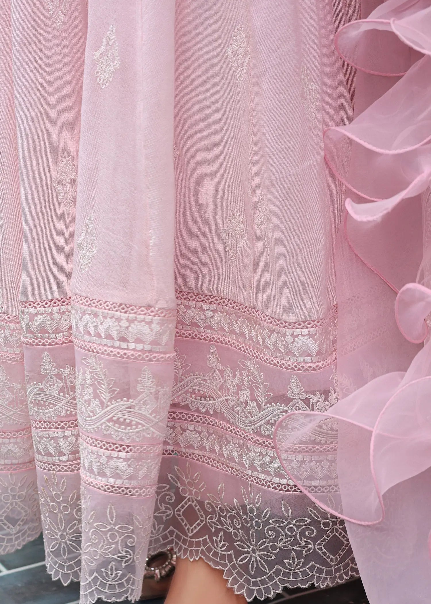 Powder Pink Embroidered Cotton Net Pishwas (3-Piece) - Image 10