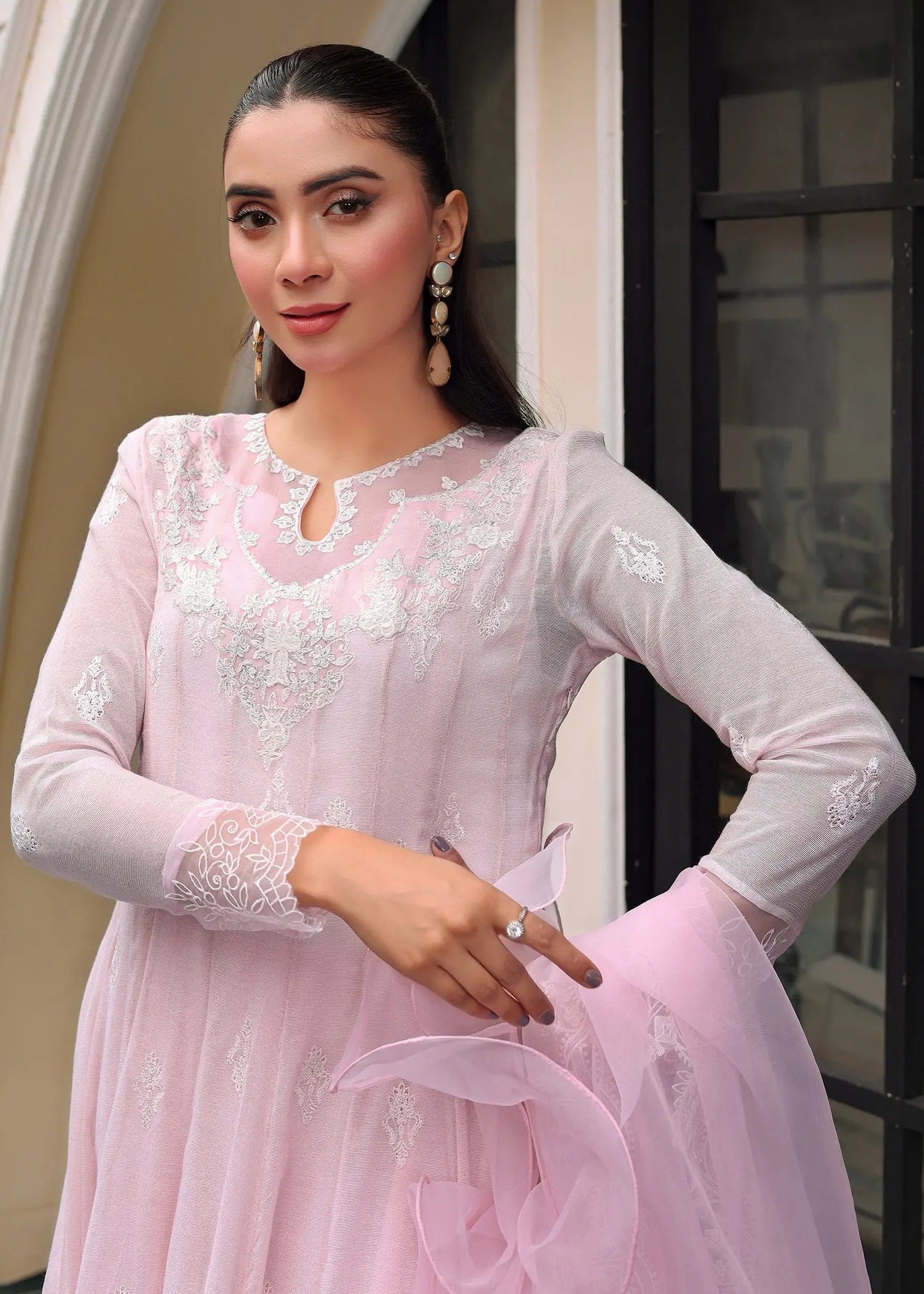 Powder Pink Embroidered Cotton Net Pishwas (3-Piece) - Image 2