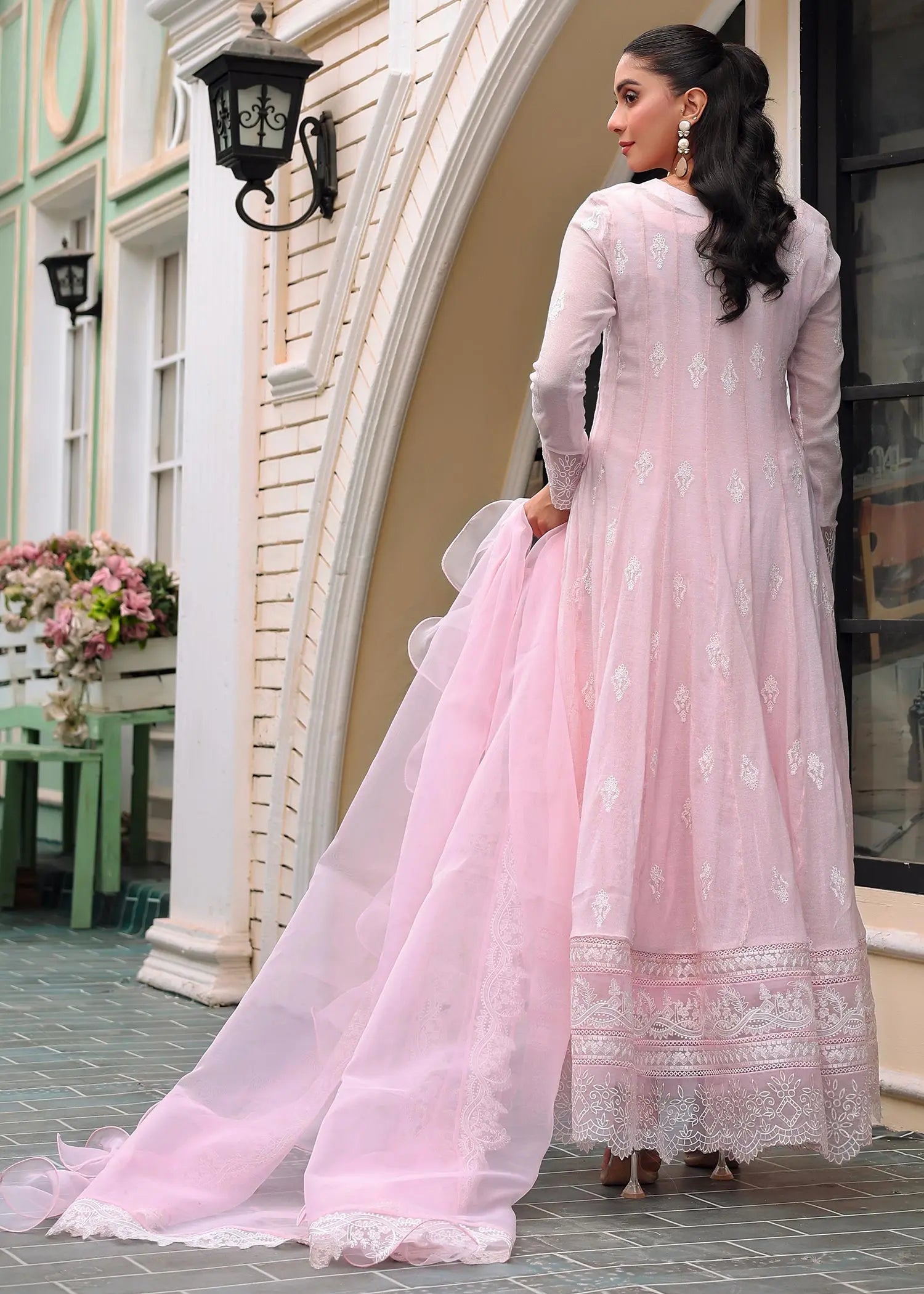 Powder Pink Embroidered Cotton Net Pishwas (3-Piece) - Image 3