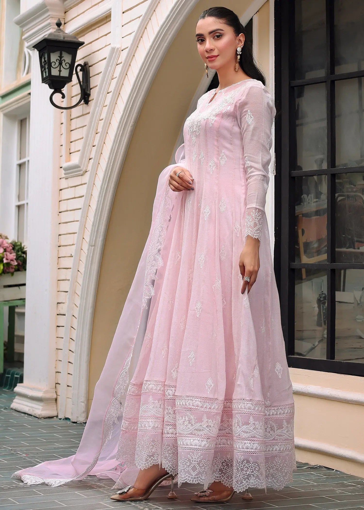 Powder Pink Embroidered Cotton Net Pishwas (3-Piece) - Image 4