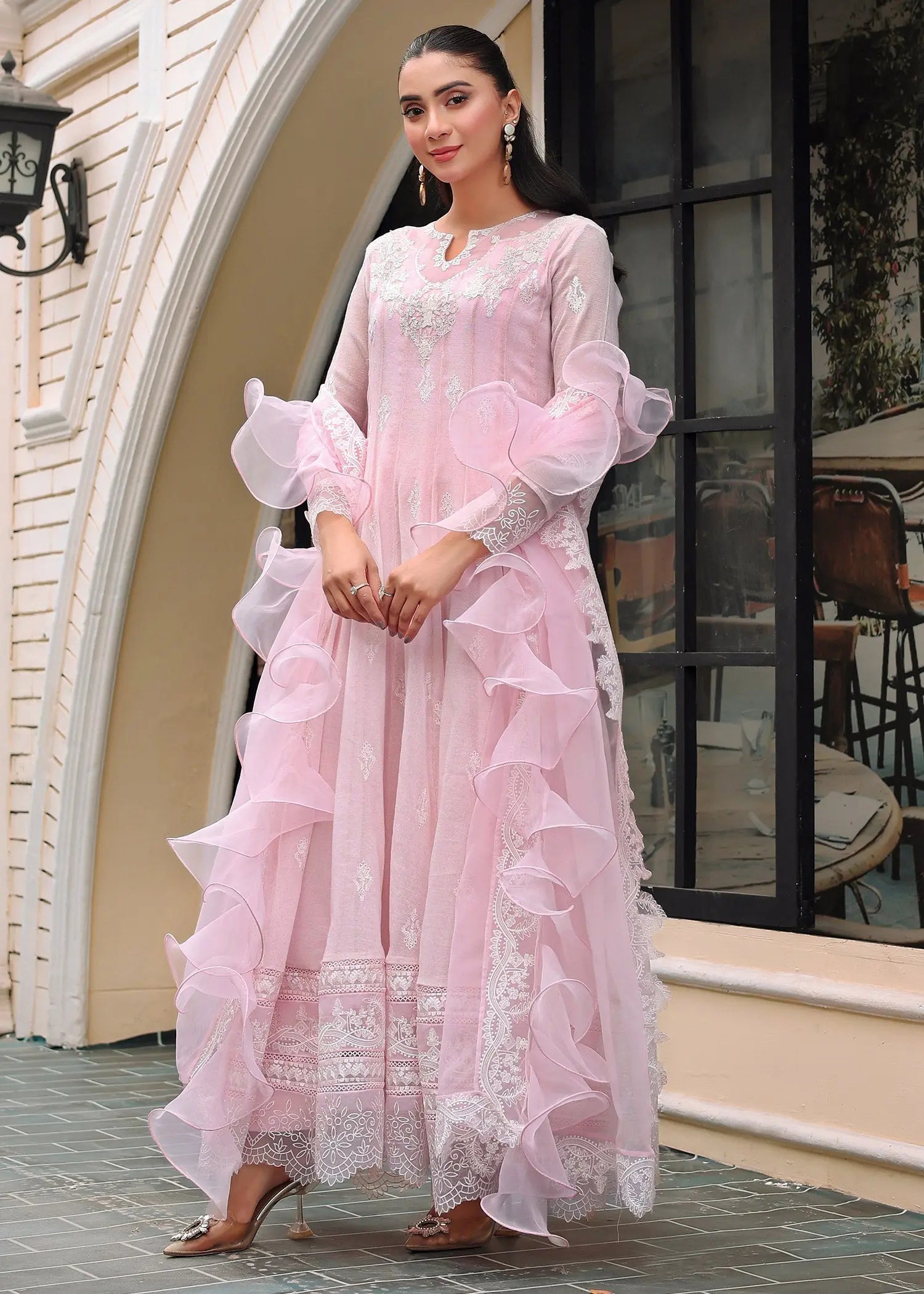 Powder Pink Embroidered Cotton Net Pishwas (3-Piece) - Image 5
