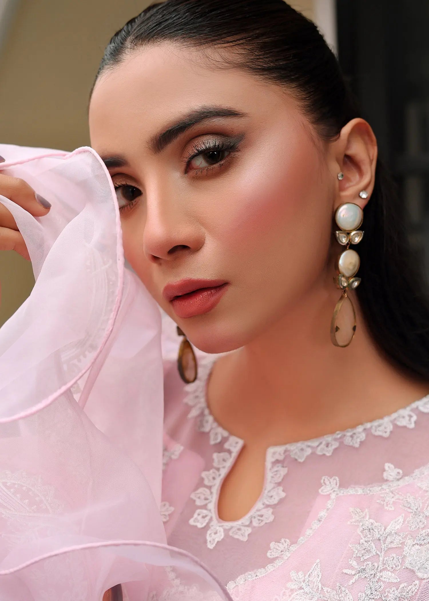 Powder Pink Embroidered Cotton Net Pishwas (3-Piece) - Image 6