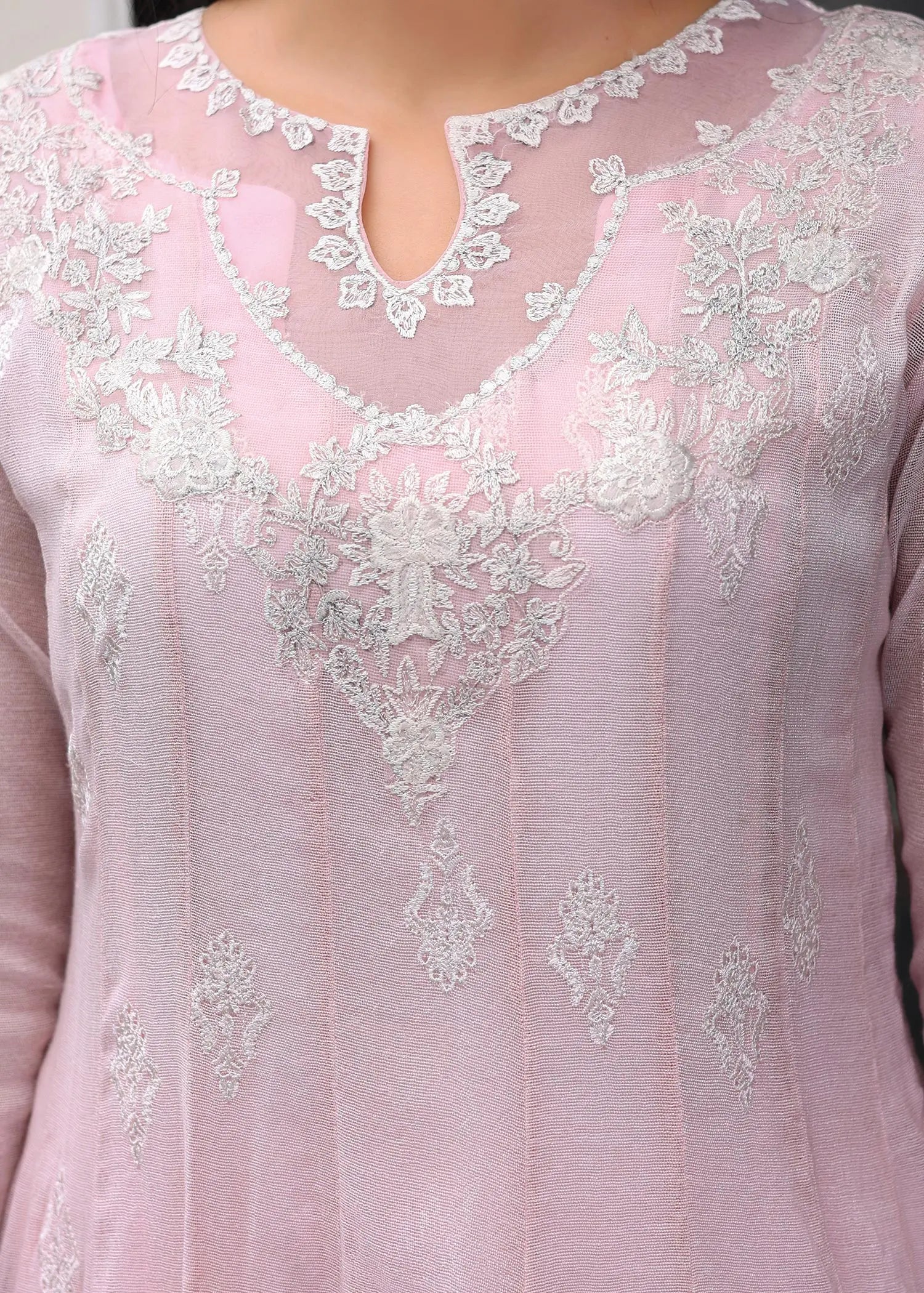 Powder Pink Embroidered Cotton Net Pishwas (3-Piece) - Image 7
