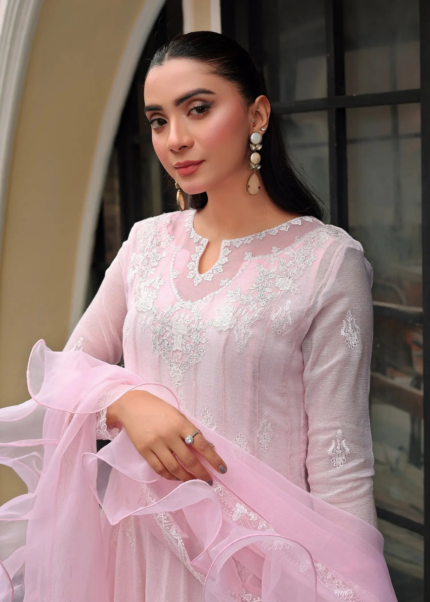 Powder Pink Embroidered Cotton Net Pishwas (3-Piece) - Image 8