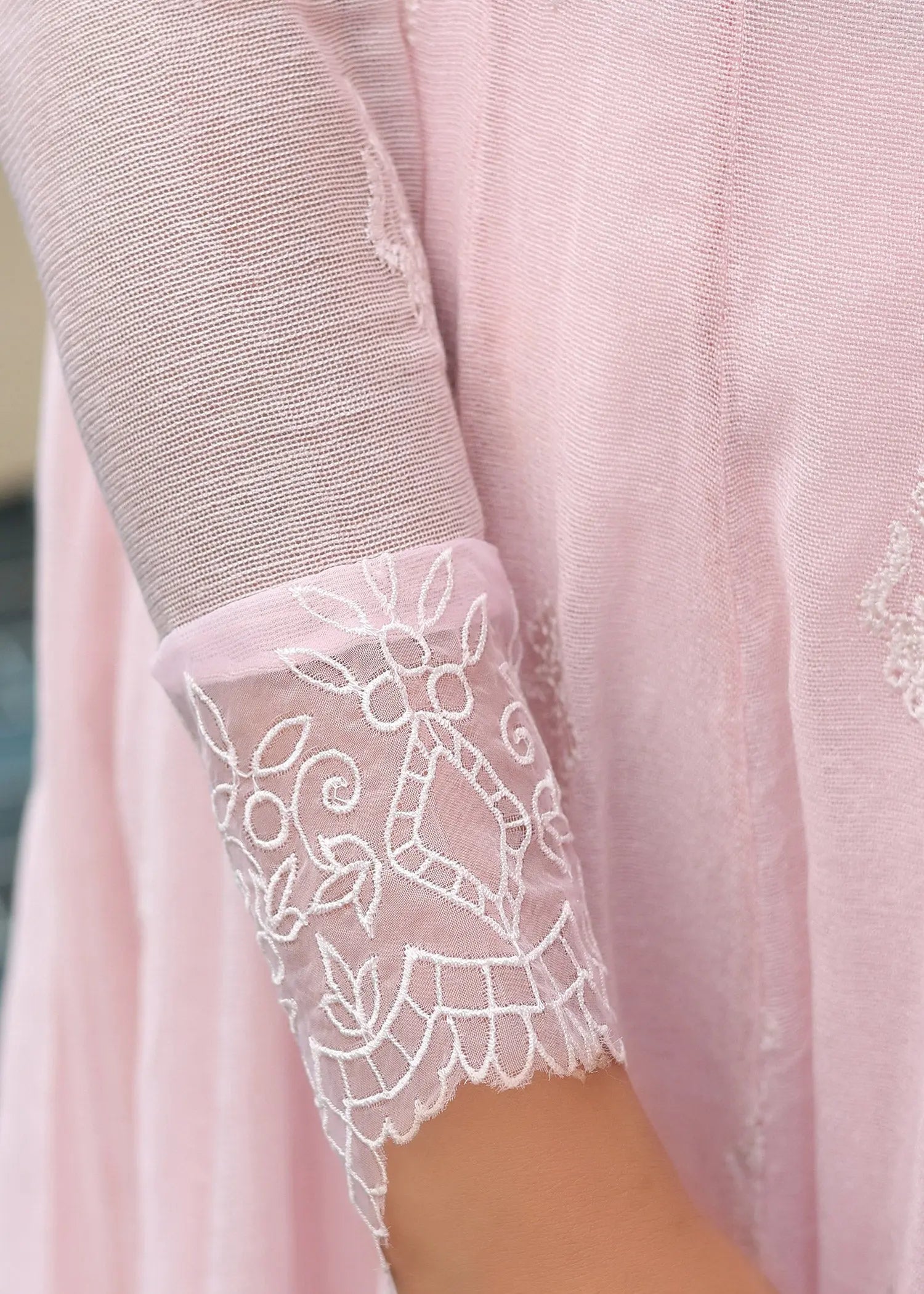 Powder Pink Embroidered Cotton Net Pishwas (3-Piece) - Image 9