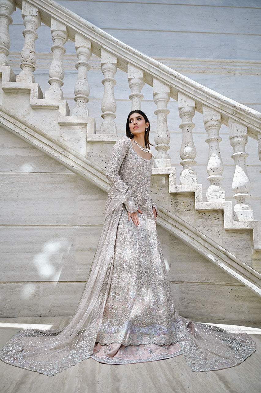 Pakistani Champagne Pink Zardozi Cotton Net Pishwas (3-Piece) - Image 1