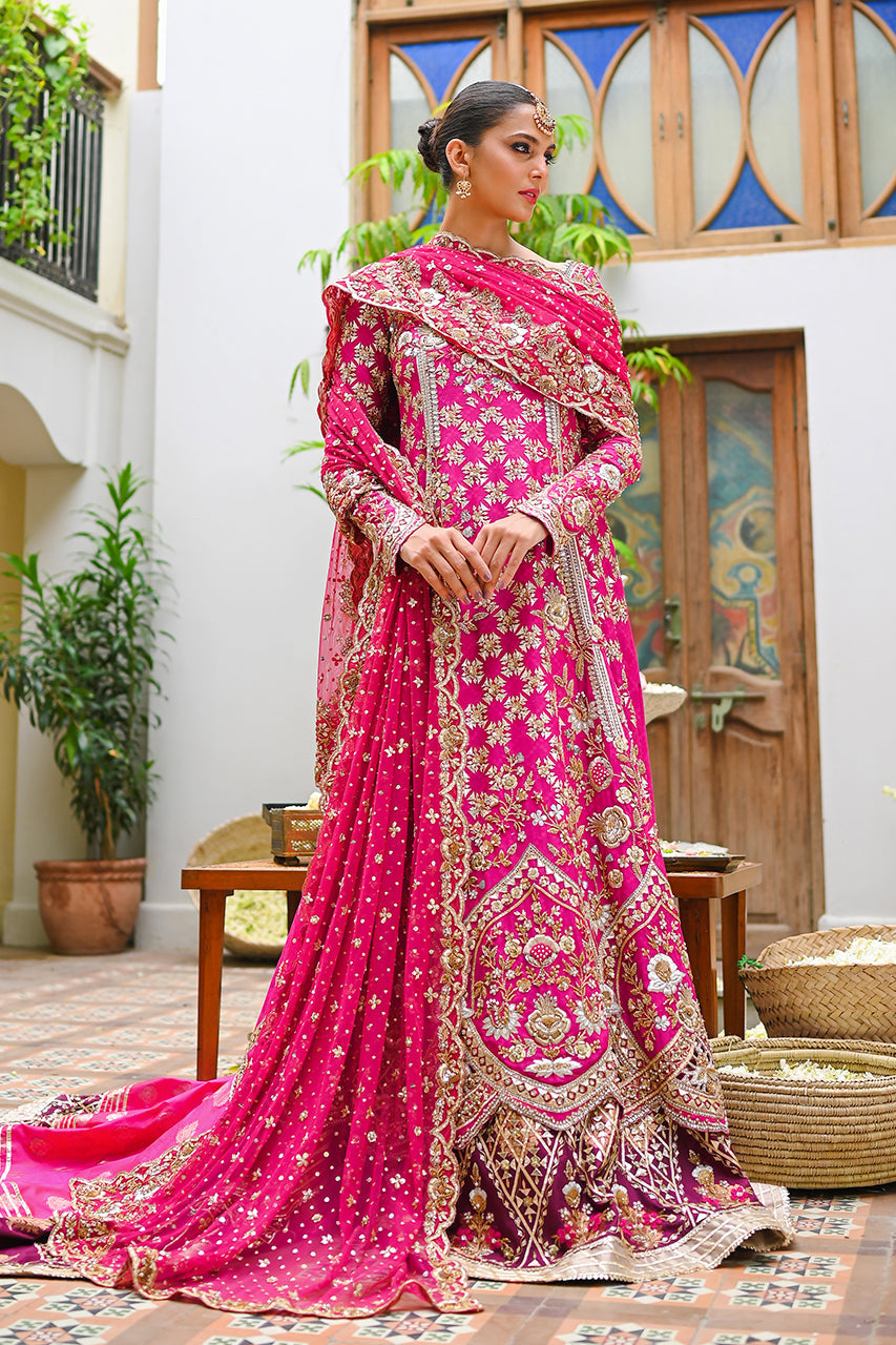 Pakistani Hot Pink Zardozi Cotton Net Pishwas (3-Piece) - Image 1