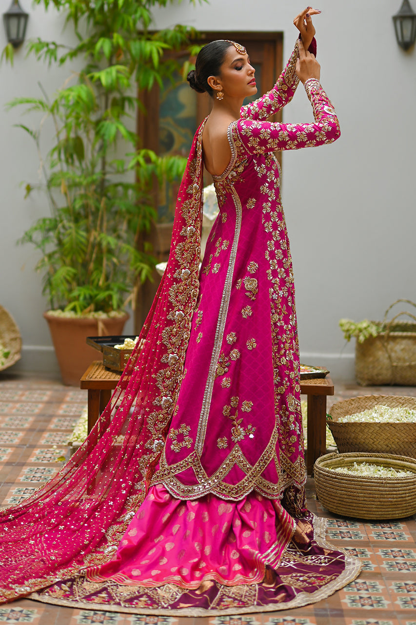 Pakistani Hot Pink Zardozi Cotton Net Pishwas (3-Piece) - Image 2