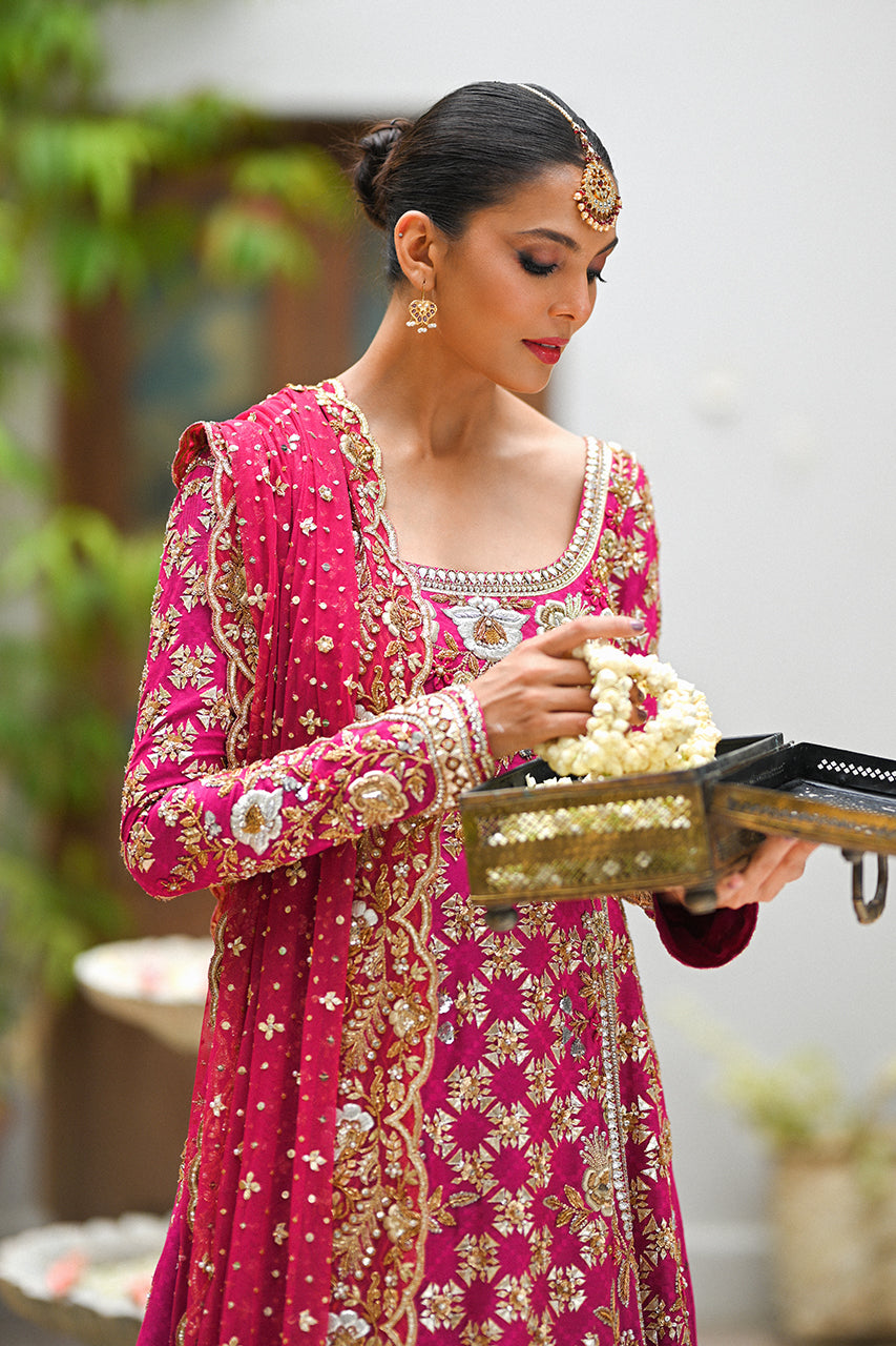 Pakistani Hot Pink Zardozi Cotton Net Pishwas (3-Piece) - Image 3