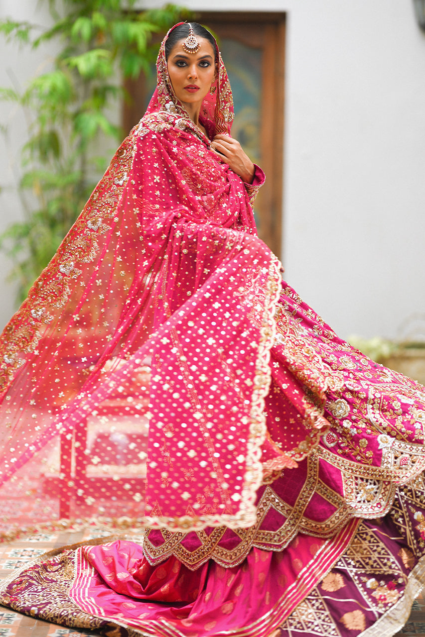 Pakistani Hot Pink Zardozi Cotton Net Pishwas (3-Piece) - Image 4
