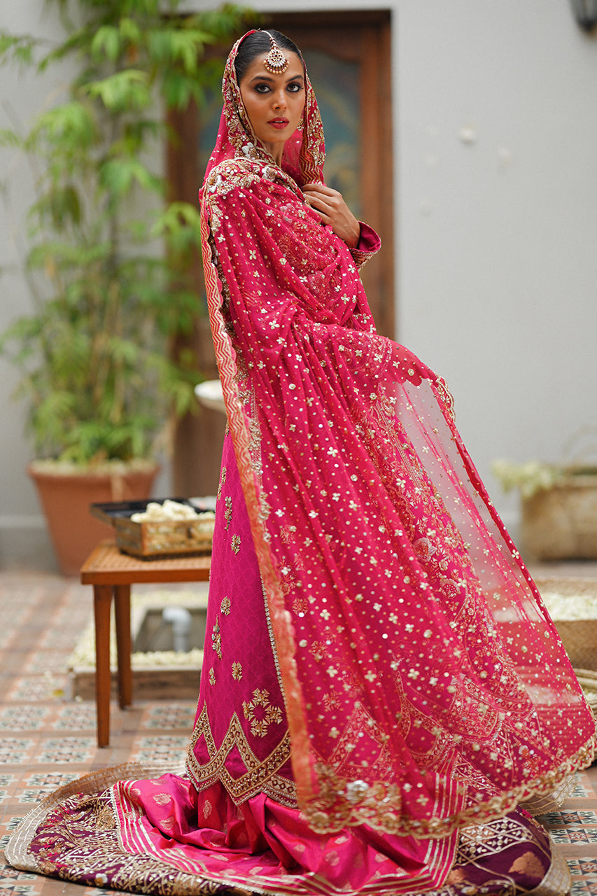 Pakistani Hot Pink Zardozi Cotton Net Pishwas (3-Piece) - Image 5