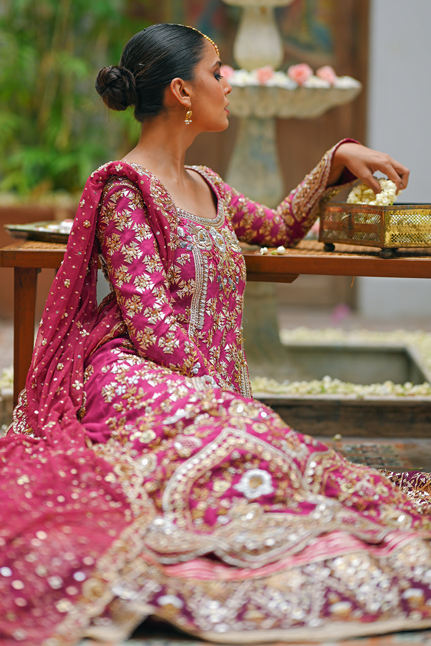 Pakistani Hot Pink Zardozi Cotton Net Pishwas (3-Piece) - Image 6