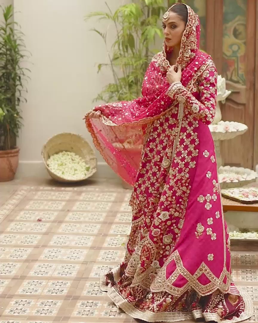 Pakistani Hot Pink Zardozi Cotton Net Pishwas (3-Piece) - Image 7