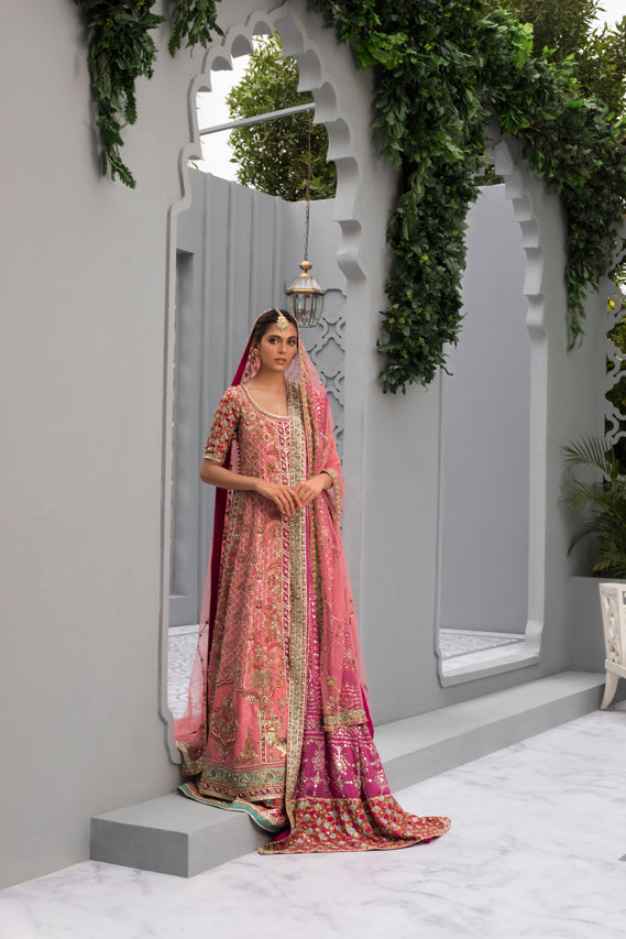 Pakistani Hot Pink Zardozi Cotton Net Pishwas (3-Piece) - Image 1