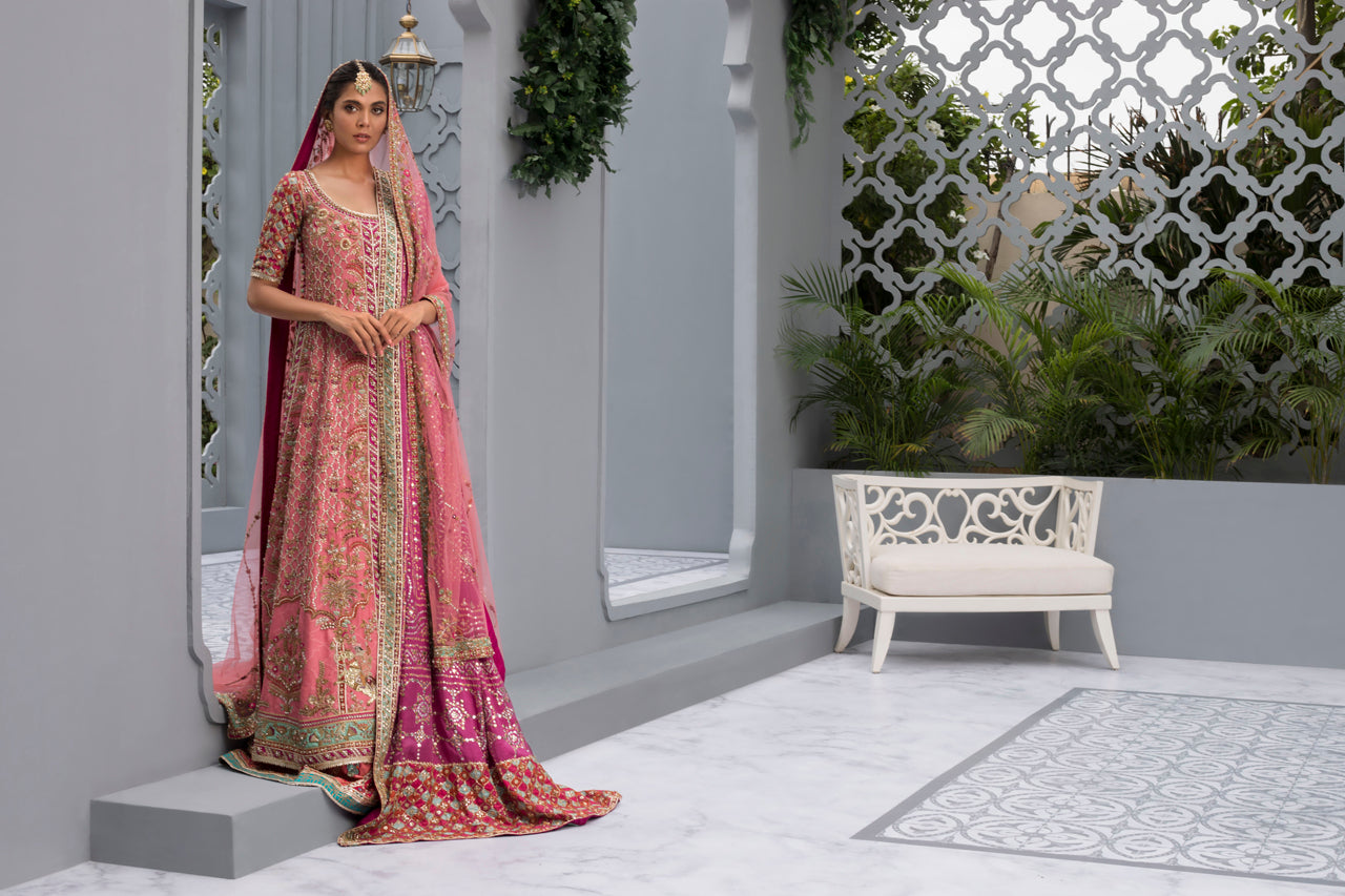 Pakistani Hot Pink Zardozi Cotton Net Pishwas (3-Piece) - Image 3