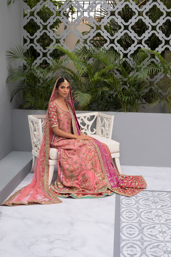 Pakistani Hot Pink Zardozi Cotton Net Pishwas (3-Piece) - Image 4