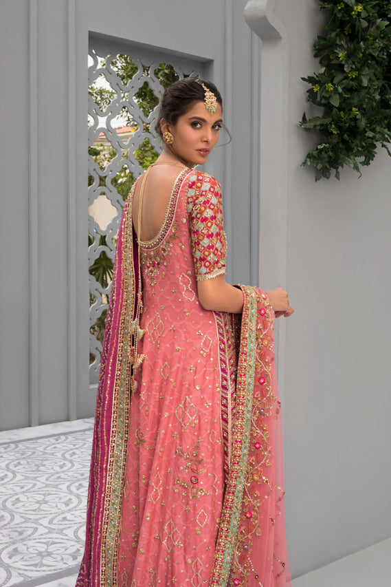 Pakistani Hot Pink Zardozi Cotton Net Pishwas (3-Piece) - Image 6