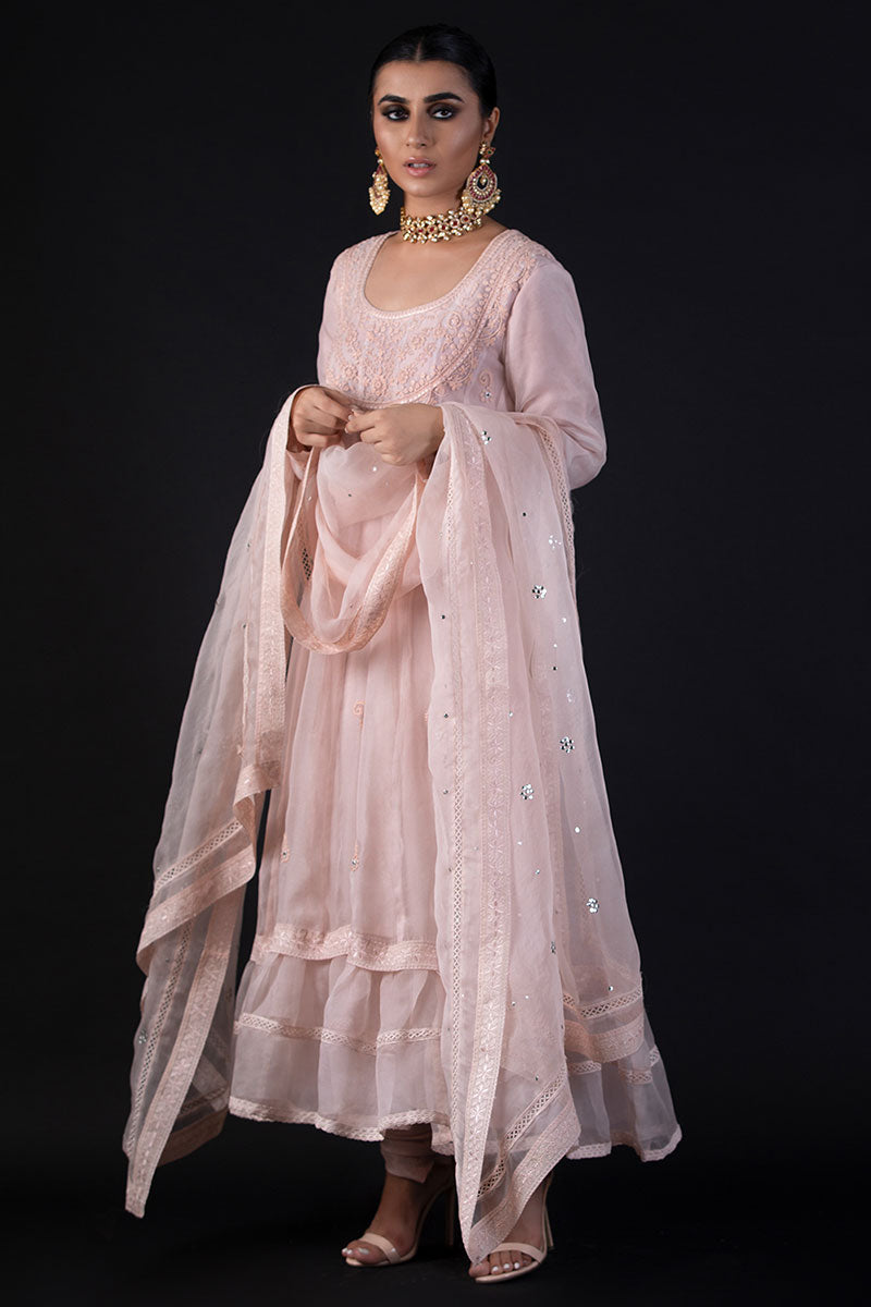 Pakistani Soft Pink Embroidered Cotton Organza Pishwas (3-Piece) - Image 1