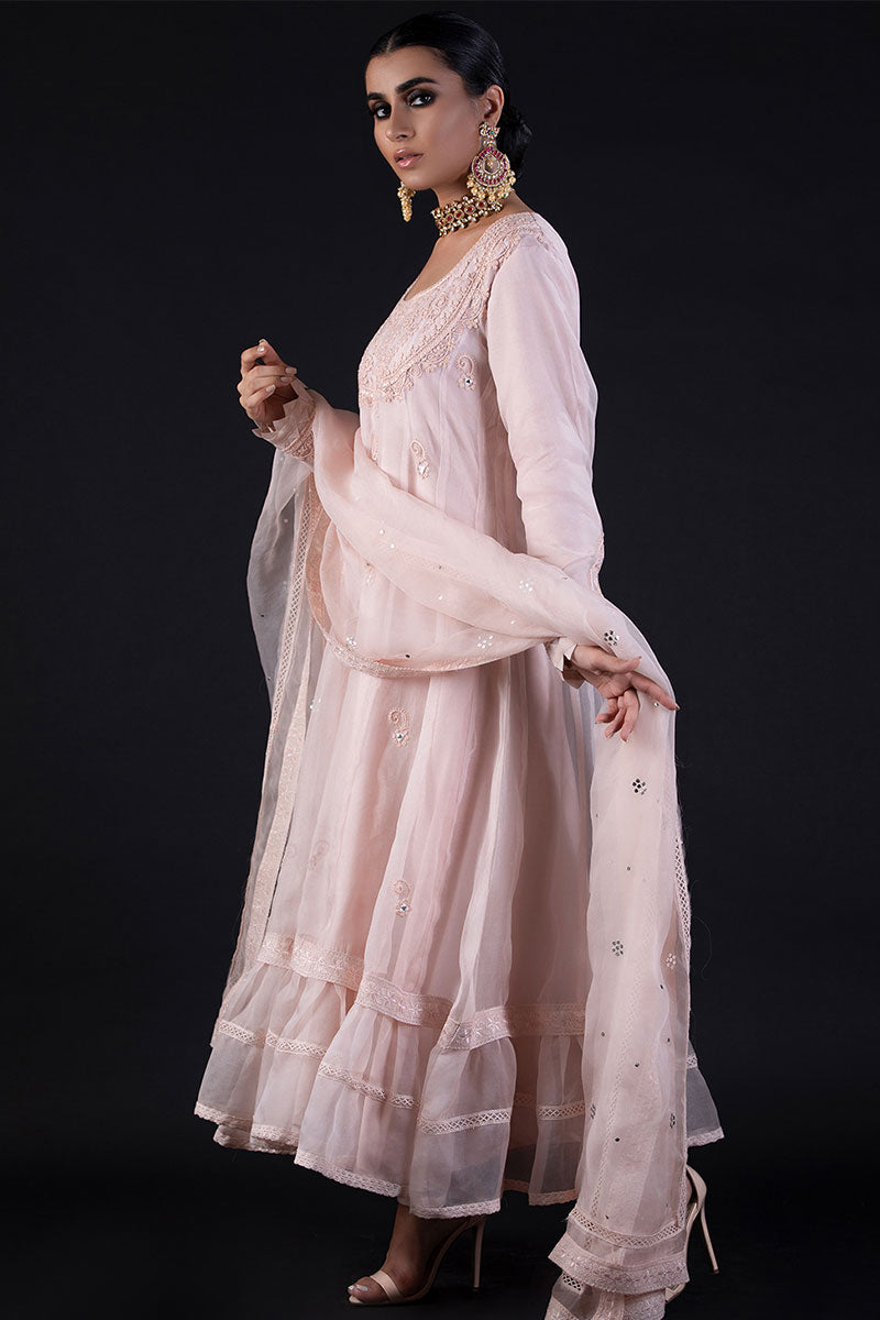 Pakistani Soft Pink Embroidered Cotton Organza Pishwas (3-Piece) - Image 2