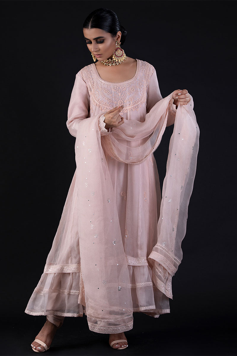 Pakistani Soft Pink Embroidered Cotton Organza Pishwas (3-Piece) - Image 3