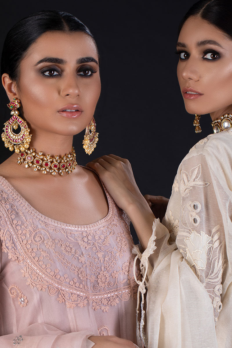 Pakistani Soft Pink Embroidered Cotton Organza Pishwas (3-Piece) - Image 4