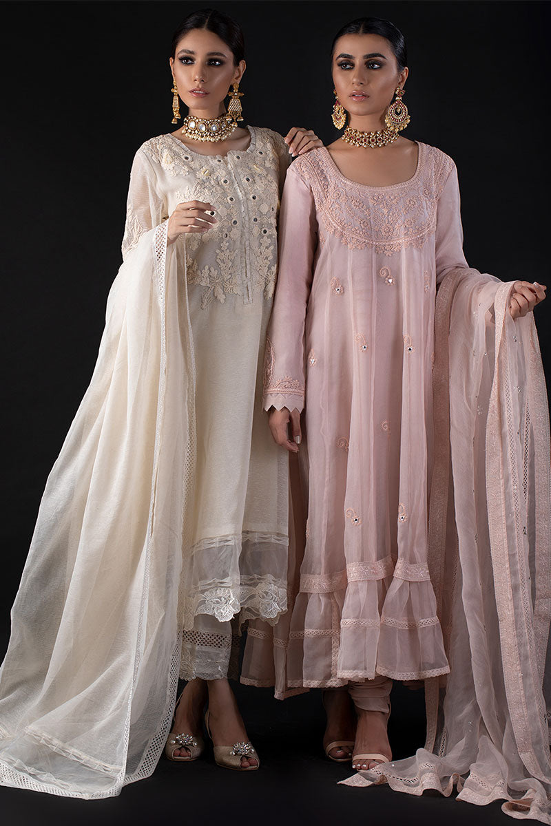 Pakistani Soft Pink Embroidered Cotton Organza Pishwas (3-Piece) - Image 5