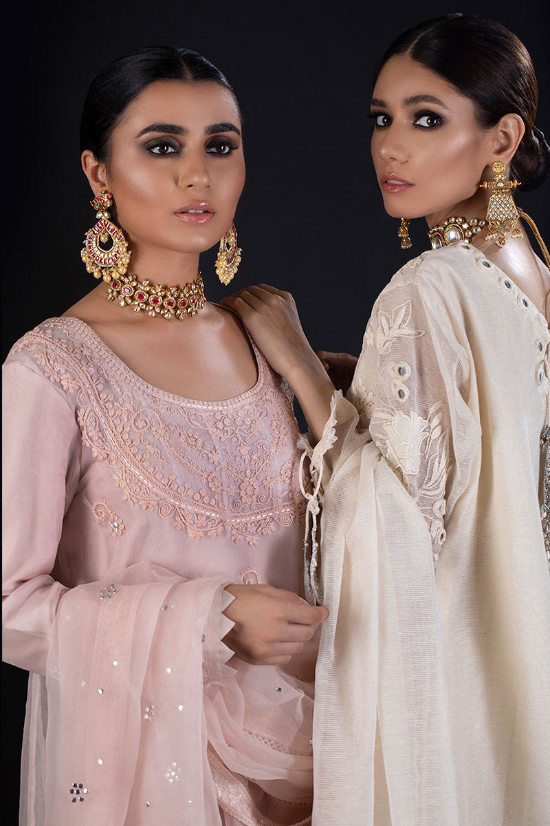 Pakistani Soft Pink Embroidered Cotton Organza Pishwas (3-Piece) - Image 6