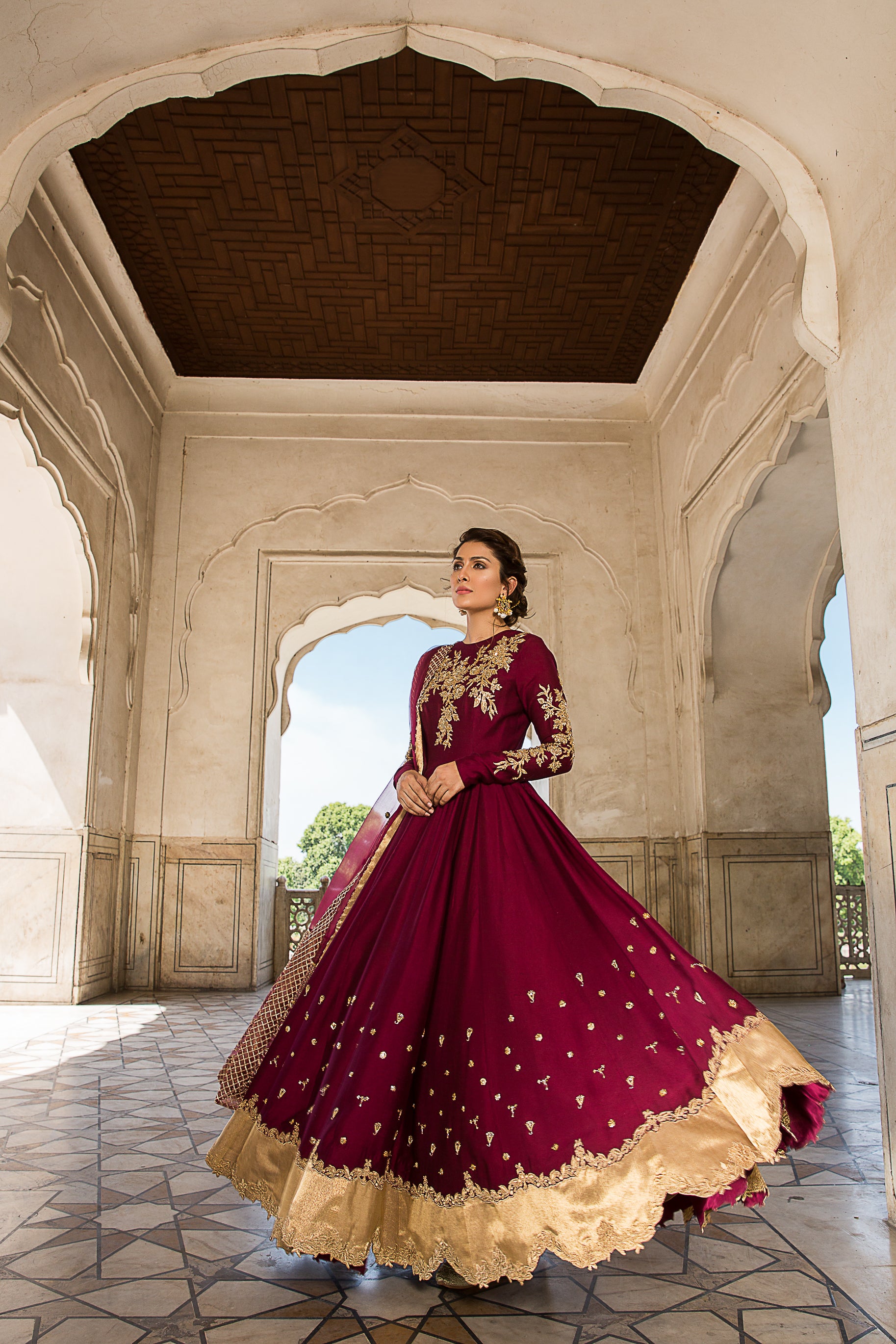 Magenta Gold Embroidered Cotton Silk Pishwas (3-Piece) - Image 1