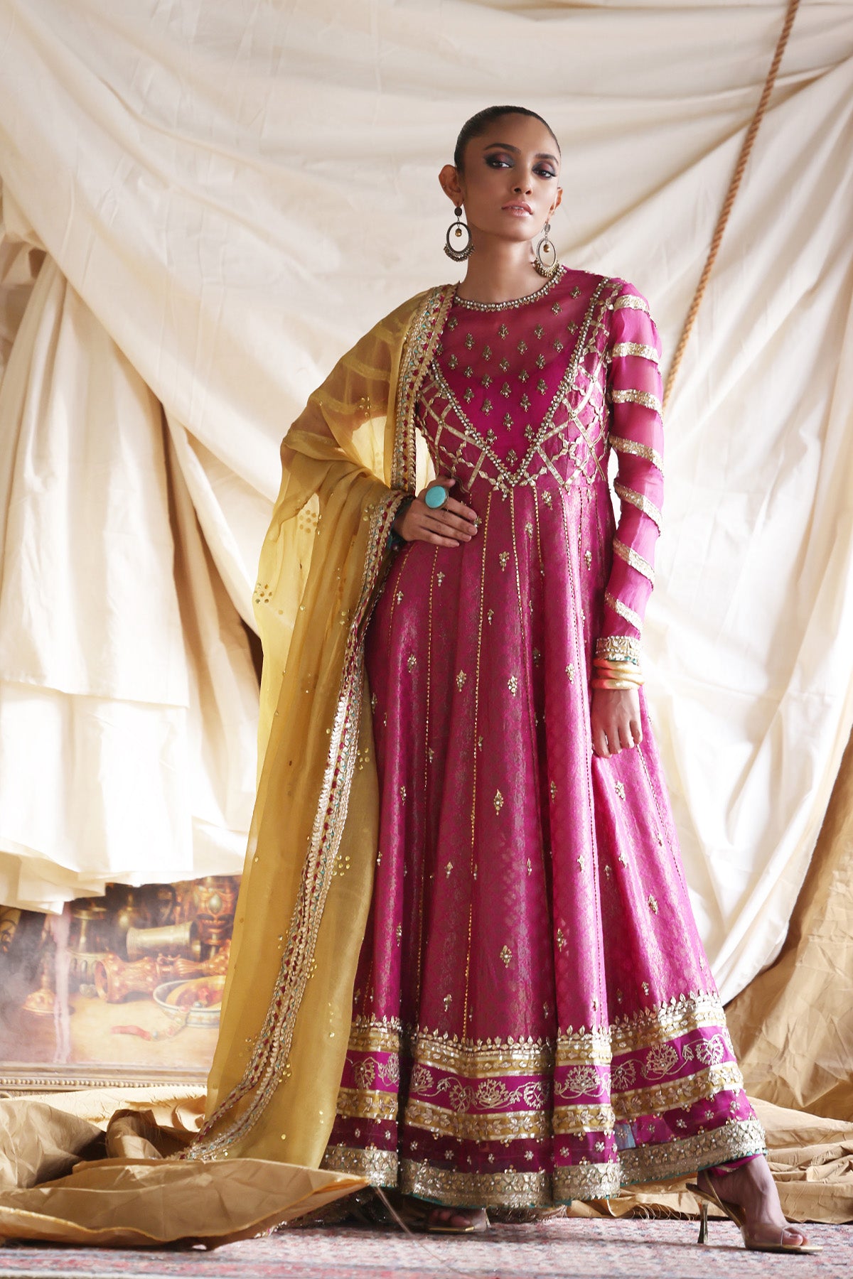 Magenta Embroidered Cotton Zari Net Pishwas (3-Piece) - Image 1